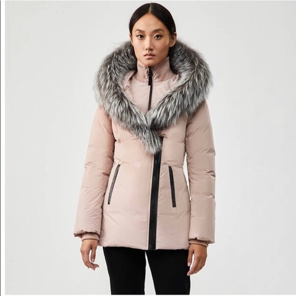 MACKAGE Soft Pink Adali Silver Fox Fur Signature Collar Down Coat - Picture 2 of 16